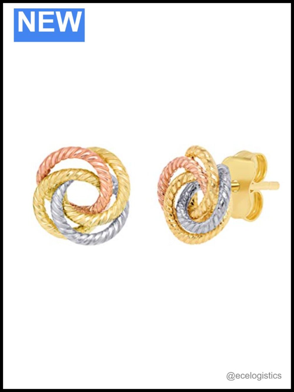 14K Tri-Color Gold Twisted Love Knot Stud Earrings 9mm Rope